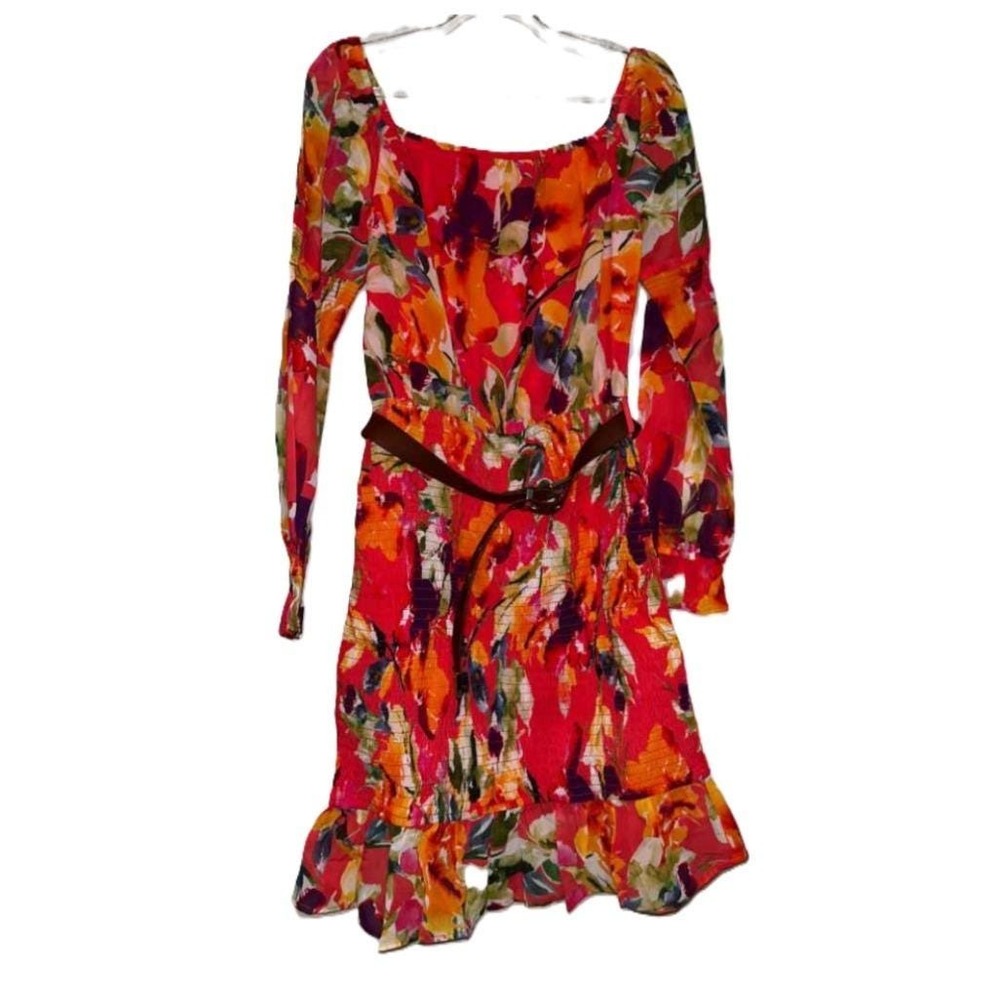 Guess Womens Red Floral Botanical Smocked Mini Dress Long‎ Sleeve Belted Large - Picture 2 of 5